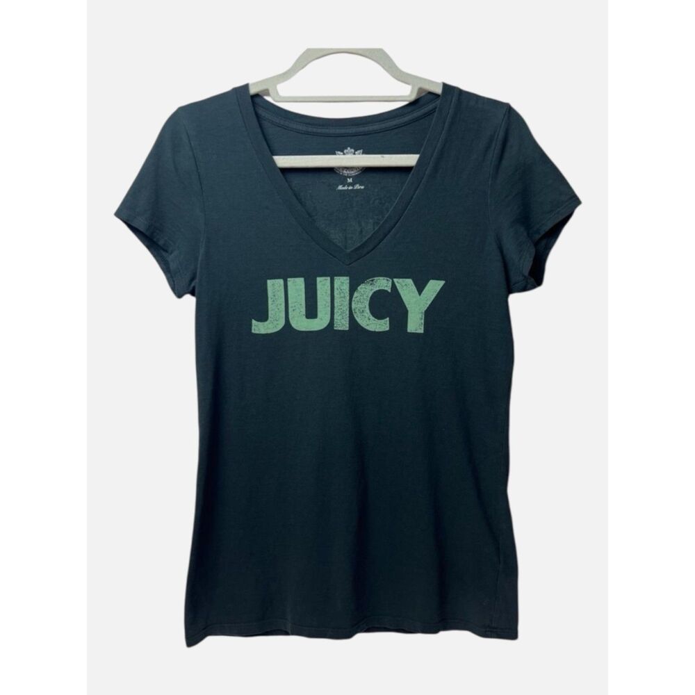 Juicy Couture 2011 Green V-Neck Graphic Tee Nice Girls Like Stuff Cotton Size M